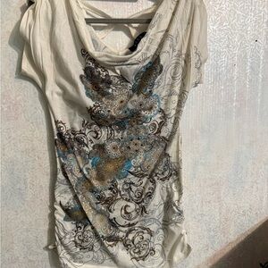 B.L.E.U. Cream and Blue Patterned Sparkly Short Sleeve Ruching On Both Sides Top